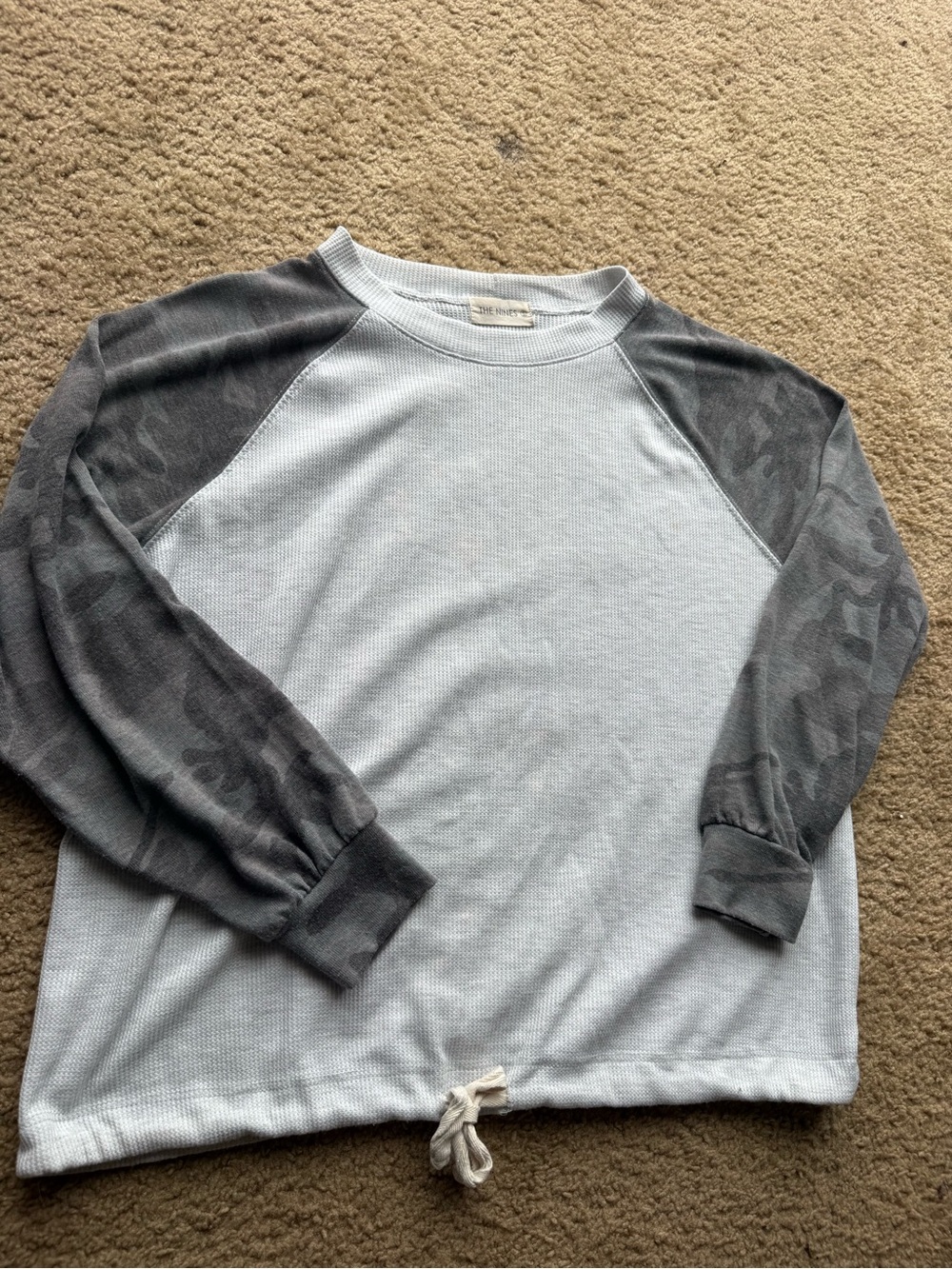 Women's Light Blue Thermal Long Sleeve Top with Gray Camo Raglan Sleeves